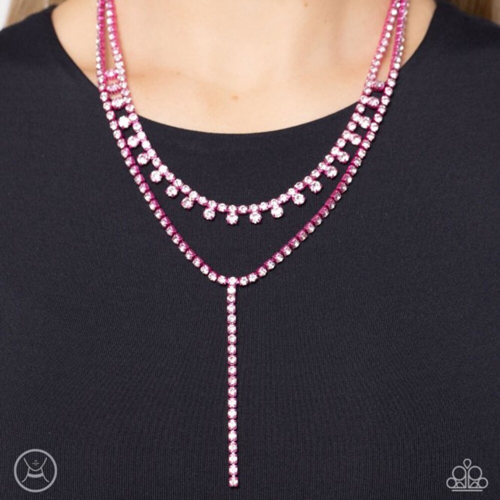 Electric Pink Metallic and Rhinestone Layered Lariat Chain Necklace